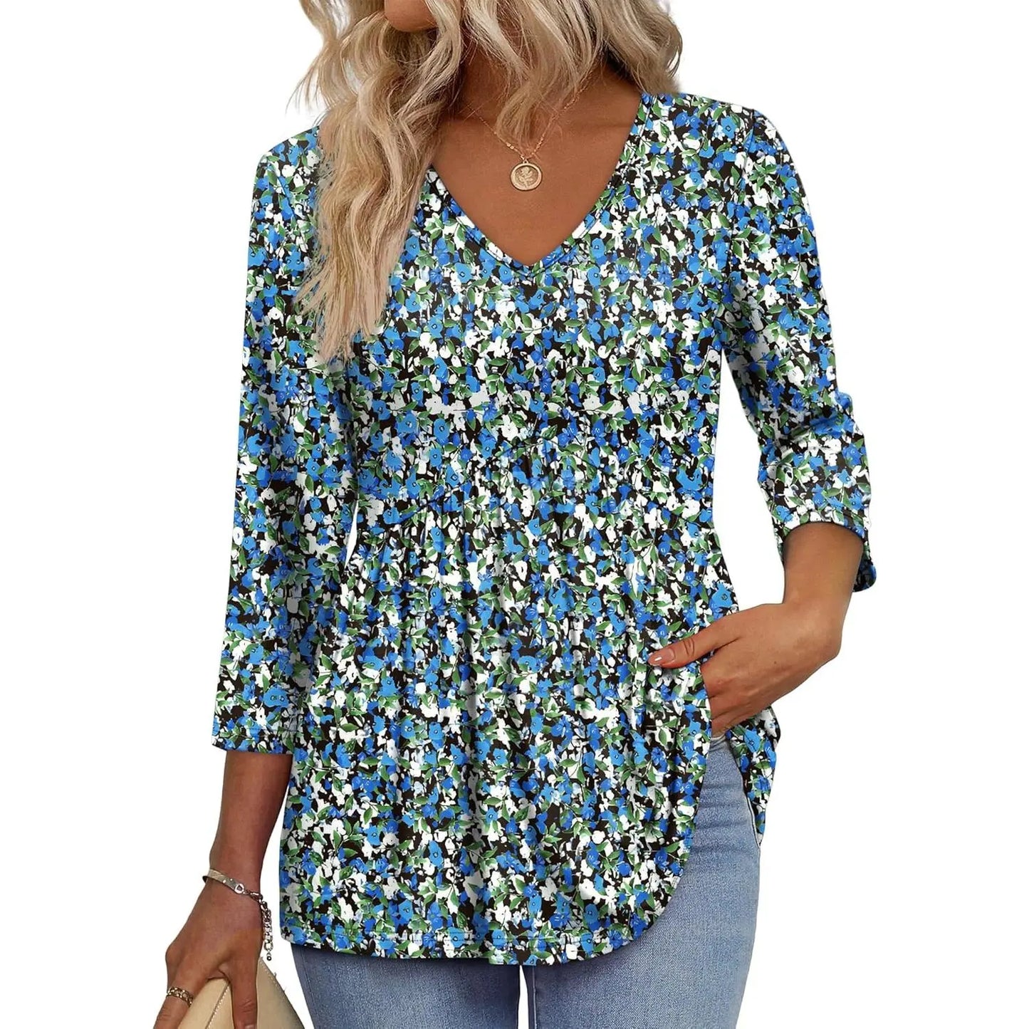 Women’s V-Neck 3/4 Sleeve Tunic Top – Flowy Dressy Casual Blouse