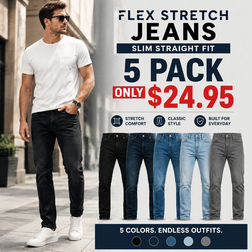 Men's Flex Stretch Slim Straight Jeans with 5 Pockets Denim Fabric Menswear