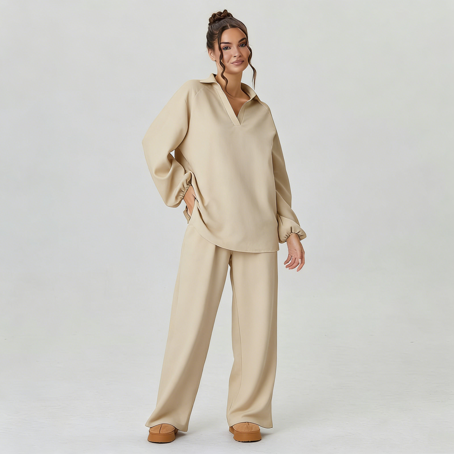 Women's Slouchy Solid Color V-Neck Loose Textured Pullover & Drawstring Waist Trousers Co-ord
