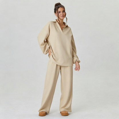 Women's Slouchy Solid Color V-Neck Loose Textured Pullover & Drawstring Waist Trousers Co-ord