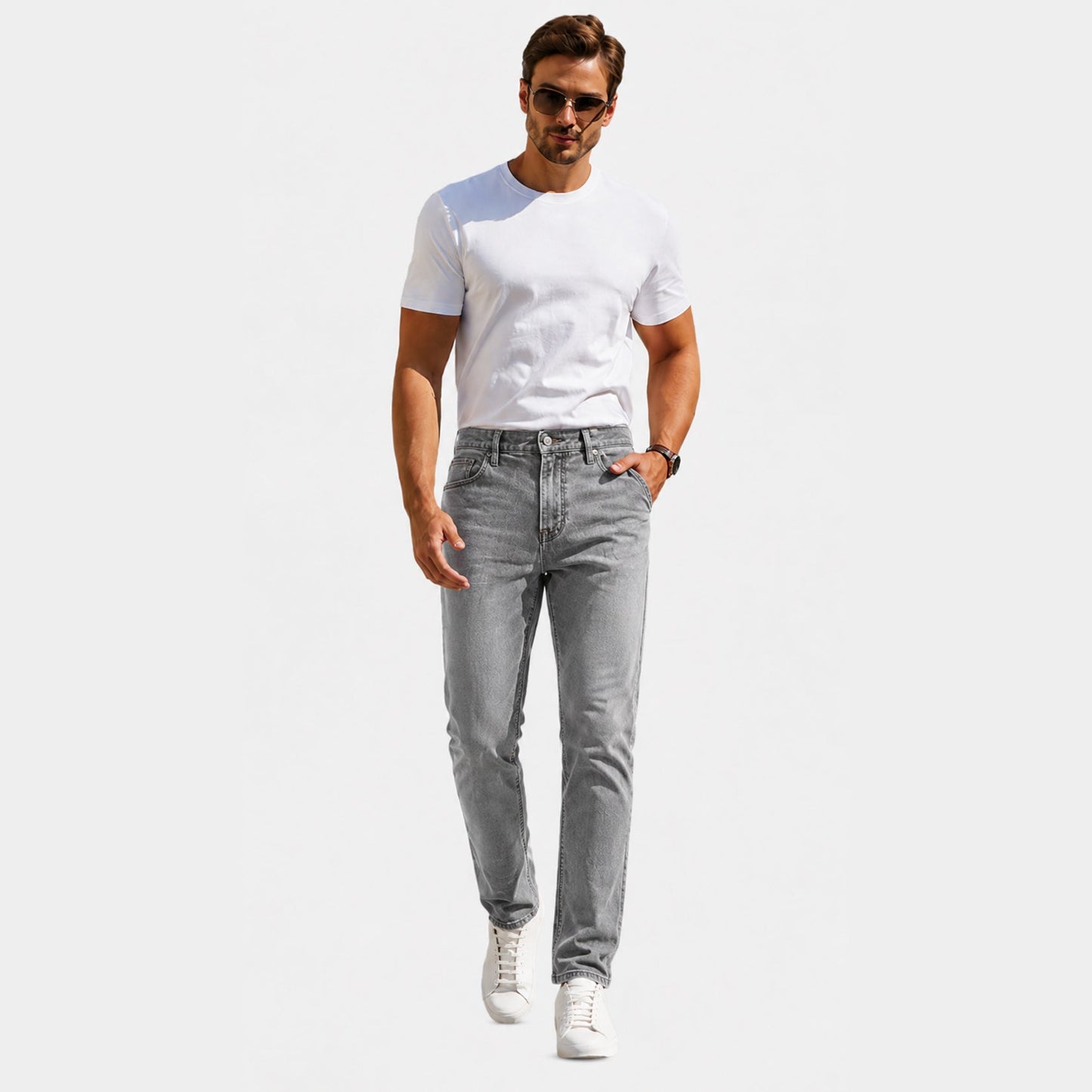 Men's Flex Stretch Slim Straight Jeans with 5 Pockets Denim Fabric Menswear