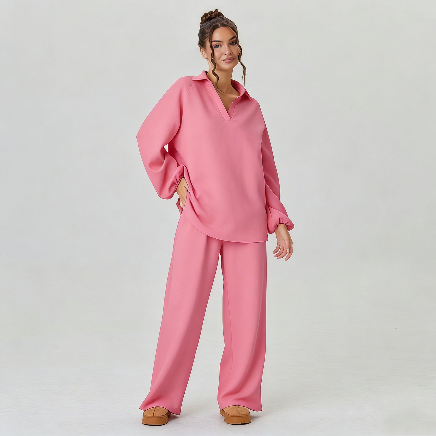 Women's Slouchy Solid Color V-Neck Loose Textured Pullover & Drawstring Waist Trousers Co-ord