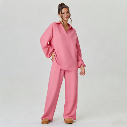 Women's Slouchy Solid Color V-Neck Loose Textured Pullover & Drawstring Waist Trousers Co-ord