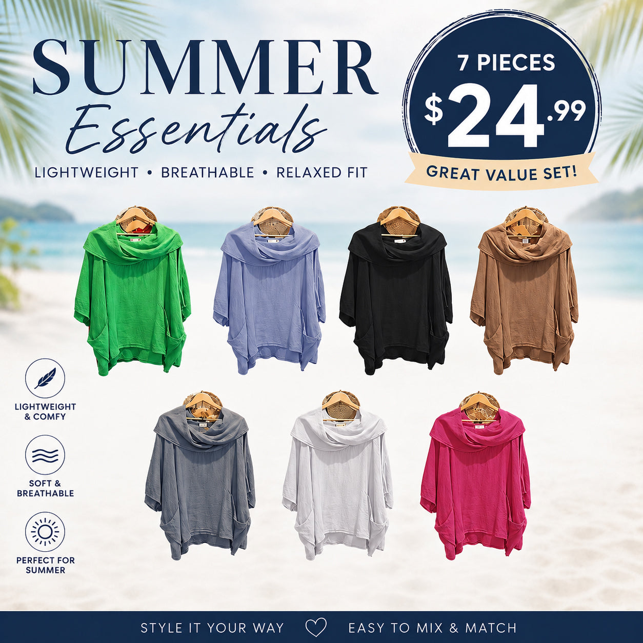 Women's Solid Color Draped Neck 3/4 Sleeve Comfortable Casual Linen Pocket Top