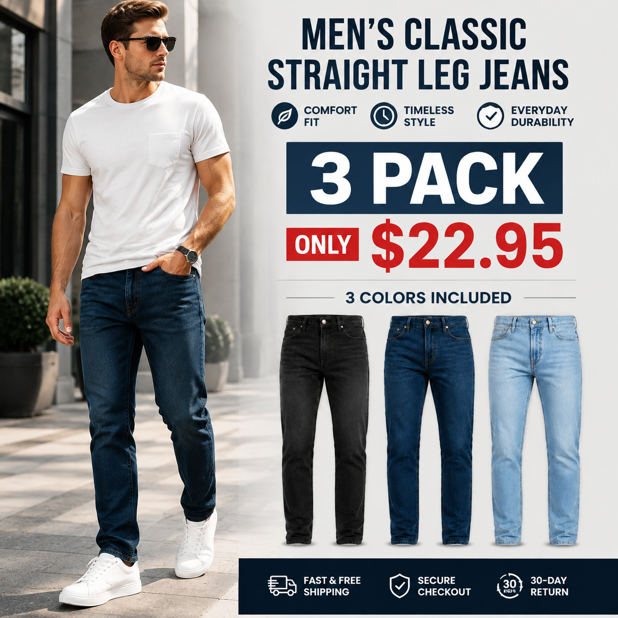 Men's Flex Stretch Slim Straight Jeans with 5 Pockets Denim Fabric Menswear