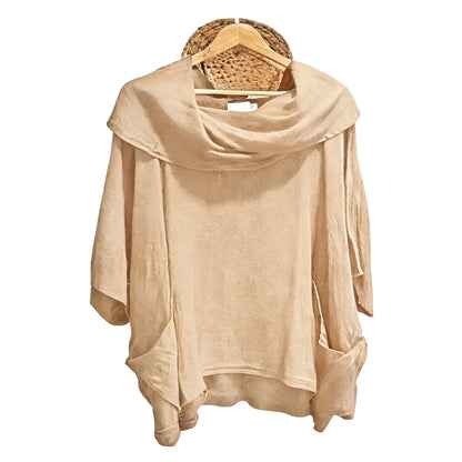 Women's Solid Color Draped Neck 3/4 Sleeve Comfortable Casual Linen Pocket Top