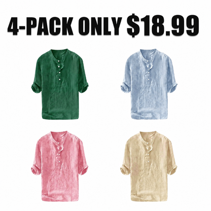 Men's Linen Shirts Casual Cotton 3/4 Sleeve Regular-Fit Henley T-Shirt
