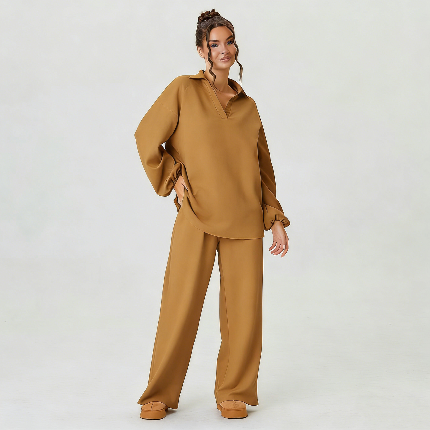 Women's Slouchy Solid Color V-Neck Loose Textured Pullover & Drawstring Waist Trousers Co-ord