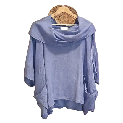 Women's Solid Color Draped Neck 3/4 Sleeve Comfortable Casual Linen Pocket Top