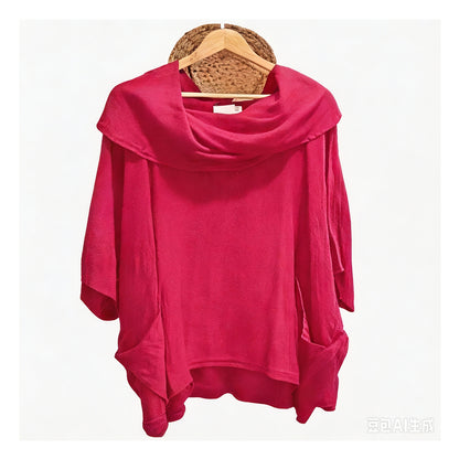 Women's Solid Color Draped Neck 3/4 Sleeve Comfortable Casual Linen Pocket Top