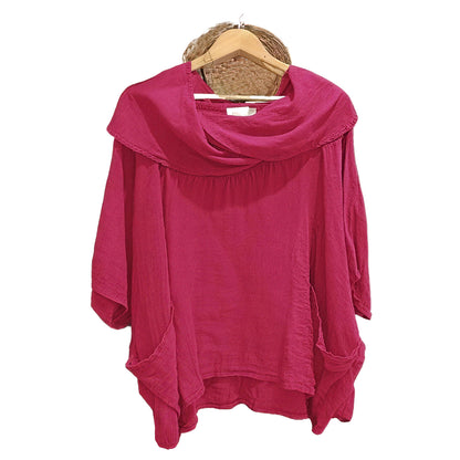 Women's Solid Color Draped Neck 3/4 Sleeve Comfortable Casual Linen Pocket Top