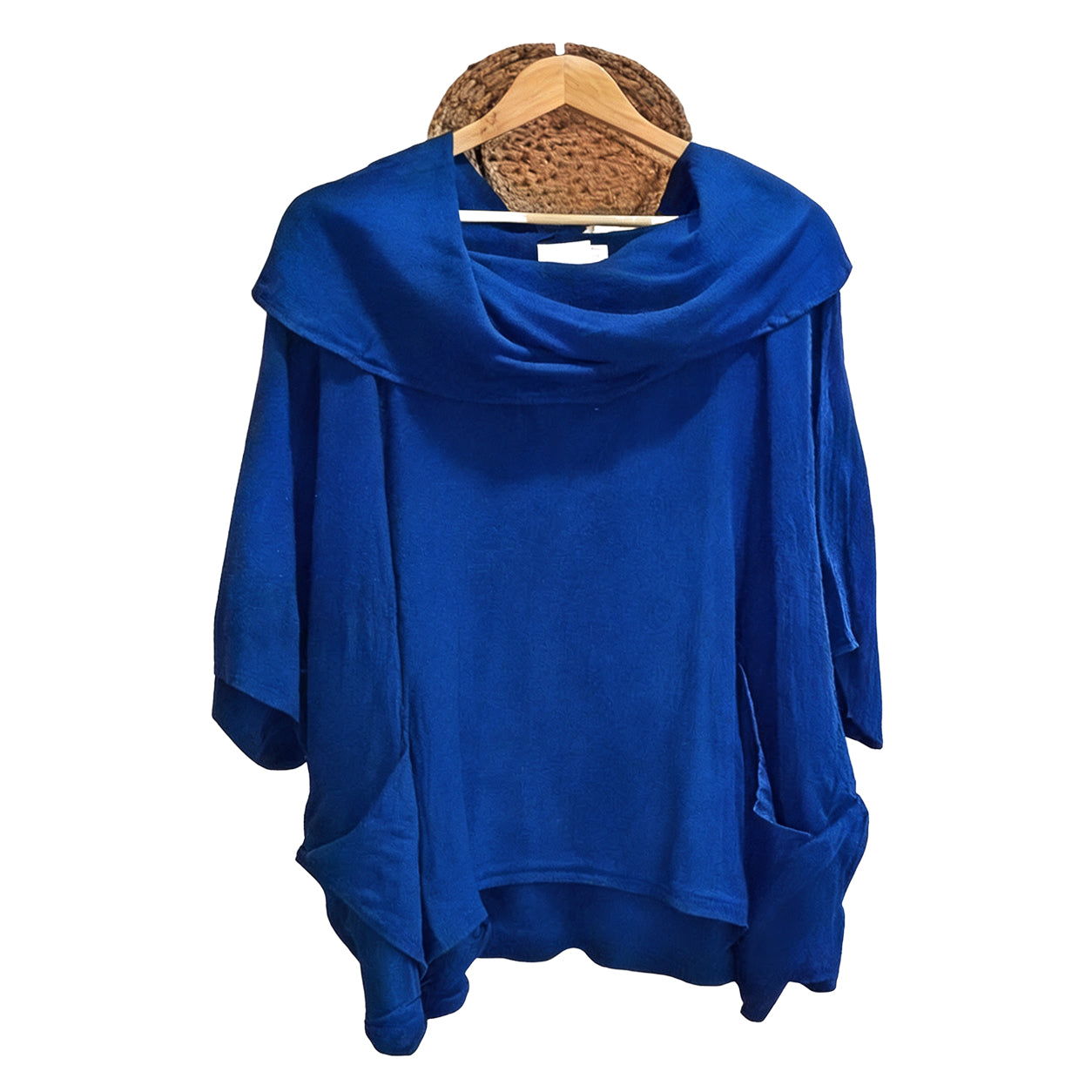 Women's Solid Color Draped Neck 3/4 Sleeve Comfortable Casual Linen Pocket Top