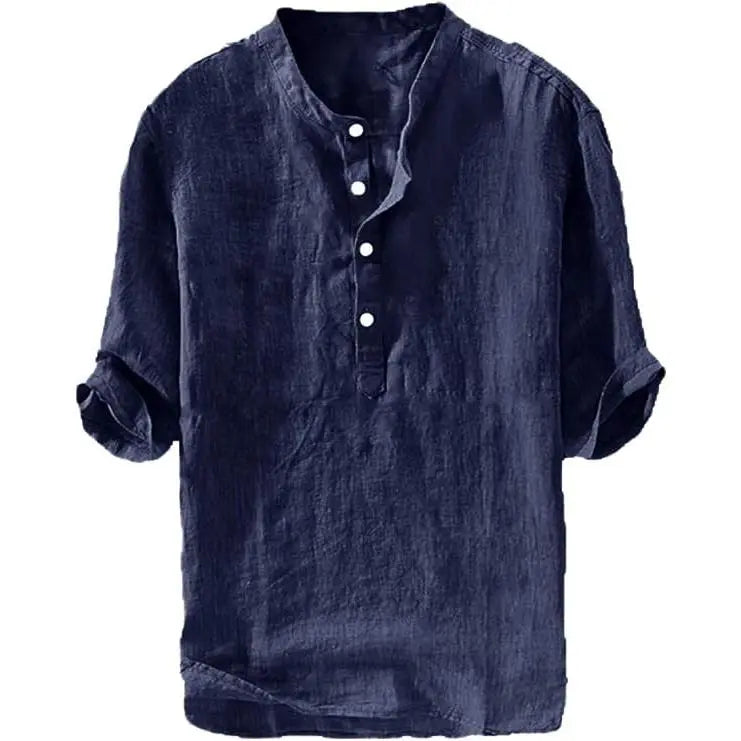Men's Linen Shirts Casual Cotton 3/4 Sleeve Regular-Fit Henley T-Shirt