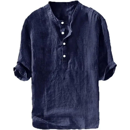 Men's Linen Shirts Casual Cotton 3/4 Sleeve Regular-Fit Henley T-Shirt