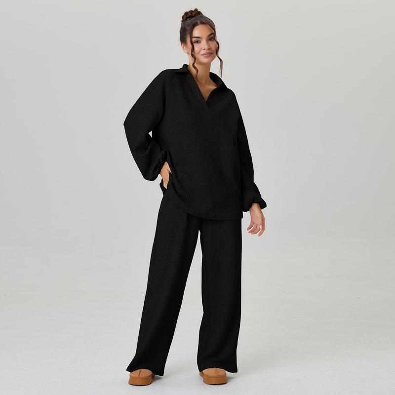 Women's Slouchy Solid Color V-Neck Loose Textured Pullover & Drawstring Waist Trousers Co-ord