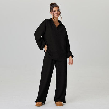 Women's Slouchy Solid Color V-Neck Loose Textured Pullover & Drawstring Waist Trousers Co-ord
