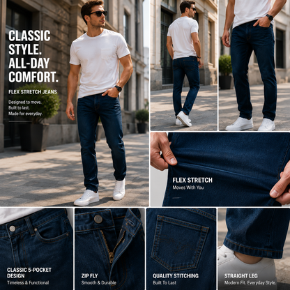 Men's Flex Stretch Slim Straight Jeans with 5 Pockets Denim Fabric Menswear