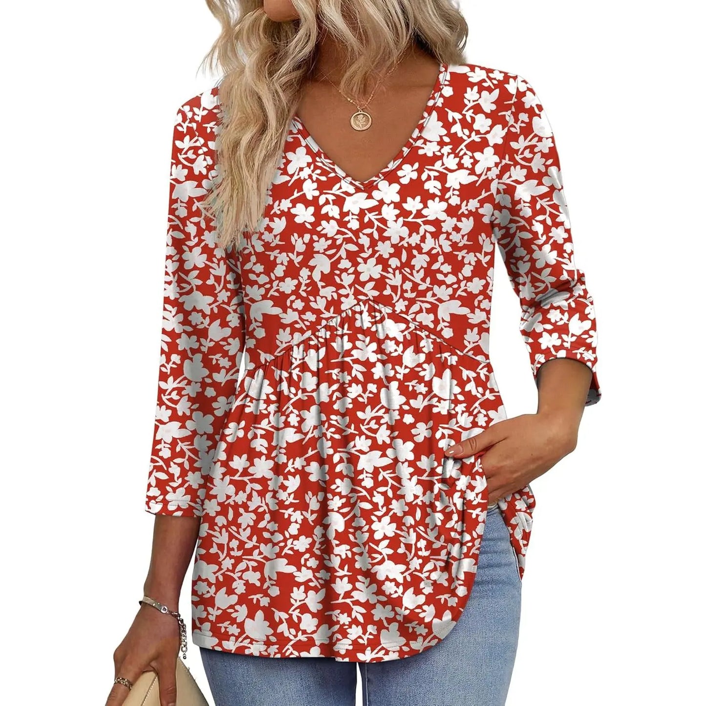 Women’s V-Neck 3/4 Sleeve Tunic Top – Flowy Dressy Casual Blouse