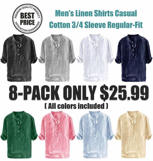 Men's Linen Shirts Casual Cotton 3/4 Sleeve Regular-Fit Henley T-Shirt