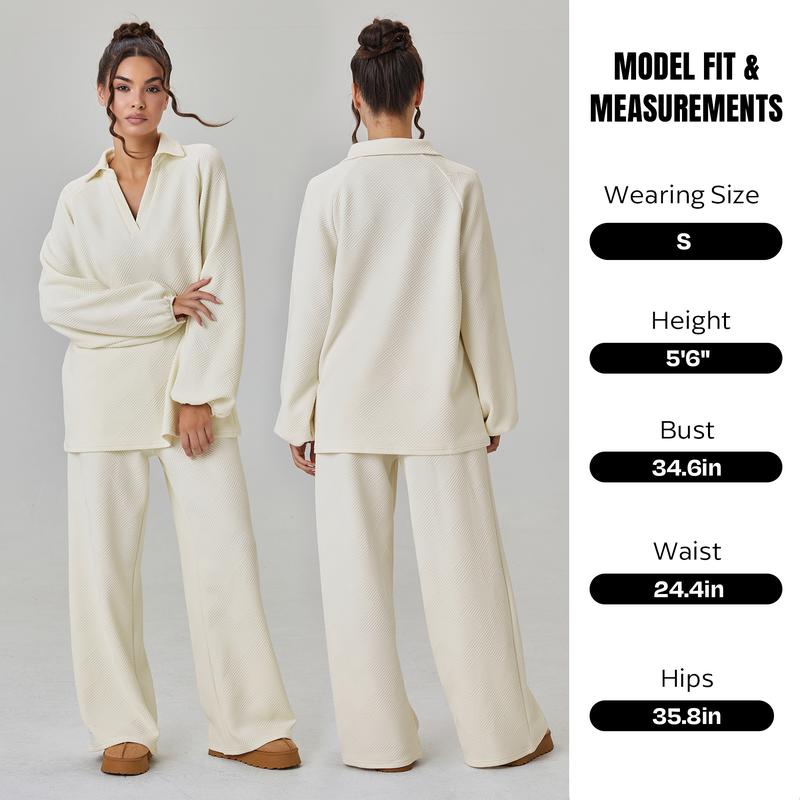Women's Slouchy Solid Color V-Neck Loose Textured Pullover & Drawstring Waist Trousers Co-ord