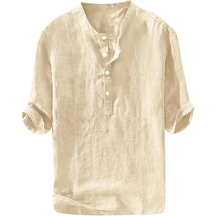 Men's Linen Shirts Casual Cotton 3/4 Sleeve Regular-Fit Henley T-Shirt