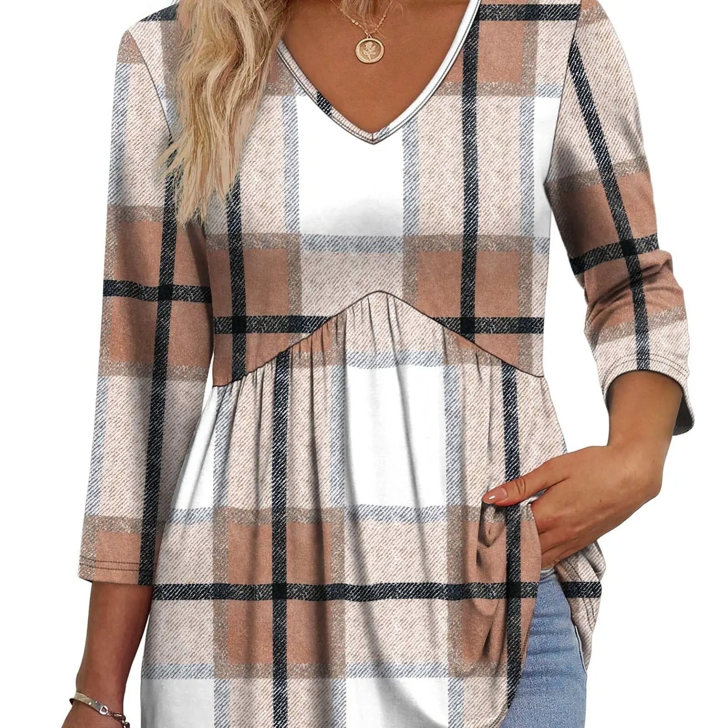 Women’s V-Neck 3/4 Sleeve Tunic Top – Flowy Dressy Casual Blouse
