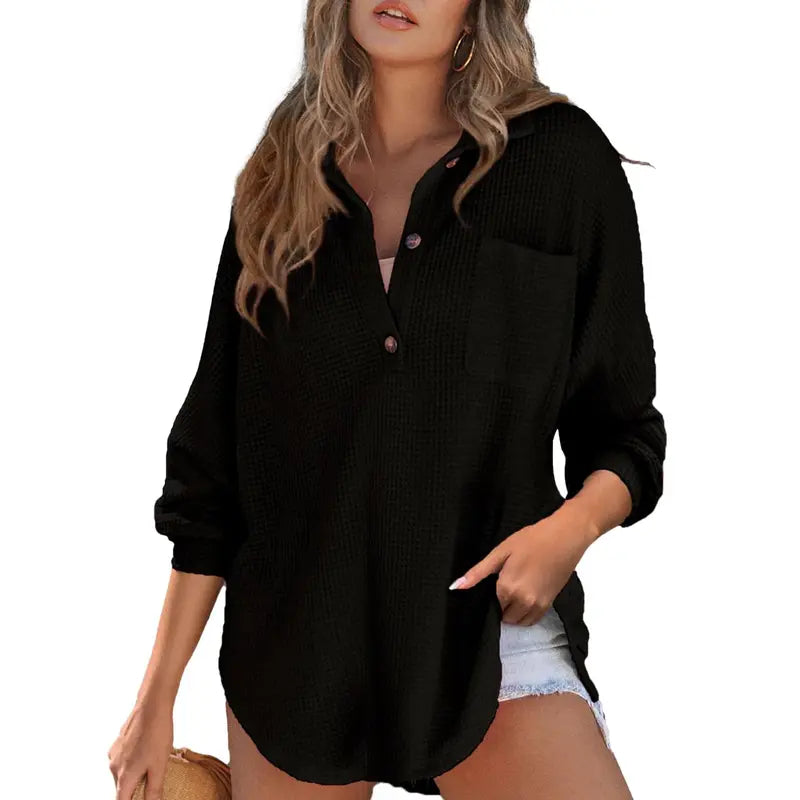 Women's Oversized Waffle Knit Henley Top - Casual V-Neck Mesh Knitwear Long Sleeve Tunic Blouse for Fall