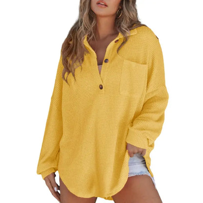 Women's Oversized Waffle Knit Henley Top - Casual V-Neck Mesh Knitwear Long Sleeve Tunic Blouse for Fall