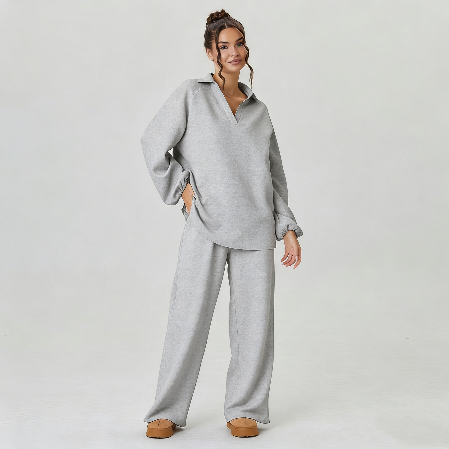 Women's Slouchy Solid Color V-Neck Loose Textured Pullover & Drawstring Waist Trousers Co-ord