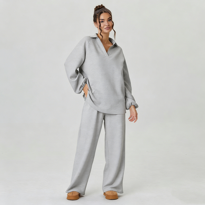 Women's Slouchy Solid Color V-Neck Loose Textured Pullover & Drawstring Waist Trousers Co-ord
