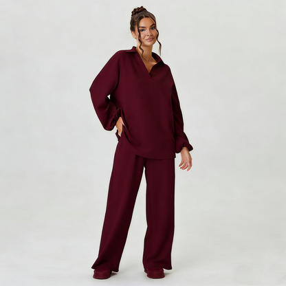 Women's Slouchy Solid Color V-Neck Loose Textured Pullover & Drawstring Waist Trousers Co-ord