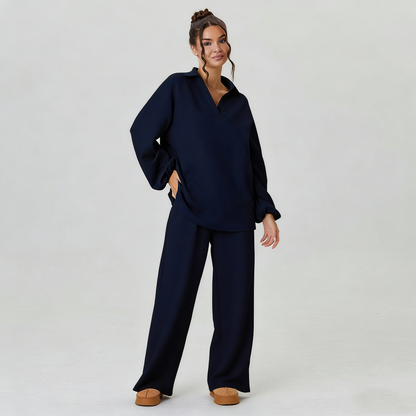 Women's Slouchy Solid Color V-Neck Loose Textured Pullover & Drawstring Waist Trousers Co-ord