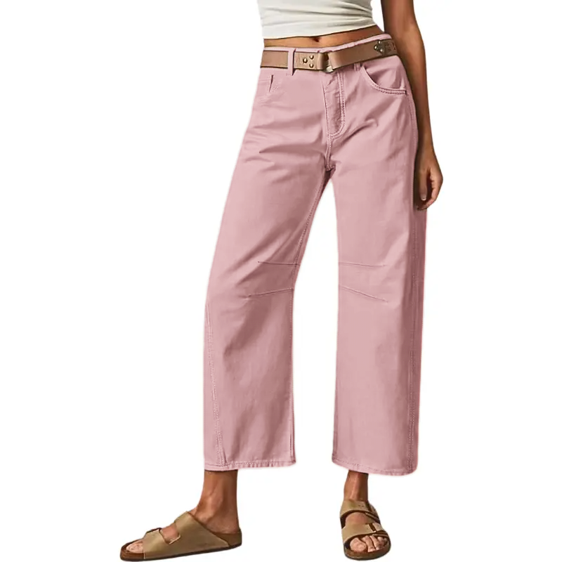 💝Last Day Promotion⚡- Solid Stitch Detail Mid Waist Crop Baby Barrel Pants